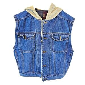Gitano Men's Hooded Denim Vest Blue/Gray Button Closure Classic Size L